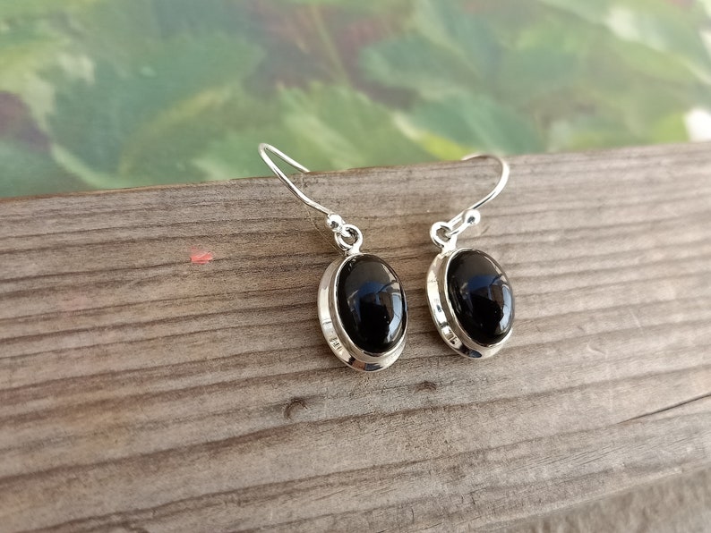 May include: A pair of silver dangle earrings with black oval gemstones. The earrings have a simple design and are perfect for everyday wear.