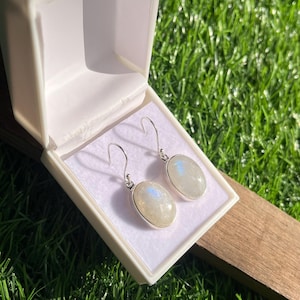 Rainbow Moonstone 925 Sterling Silver Handmade Earring Rainbow Moonstone Oval Shape Silver Earrings  Boho Earrings Gift for Her