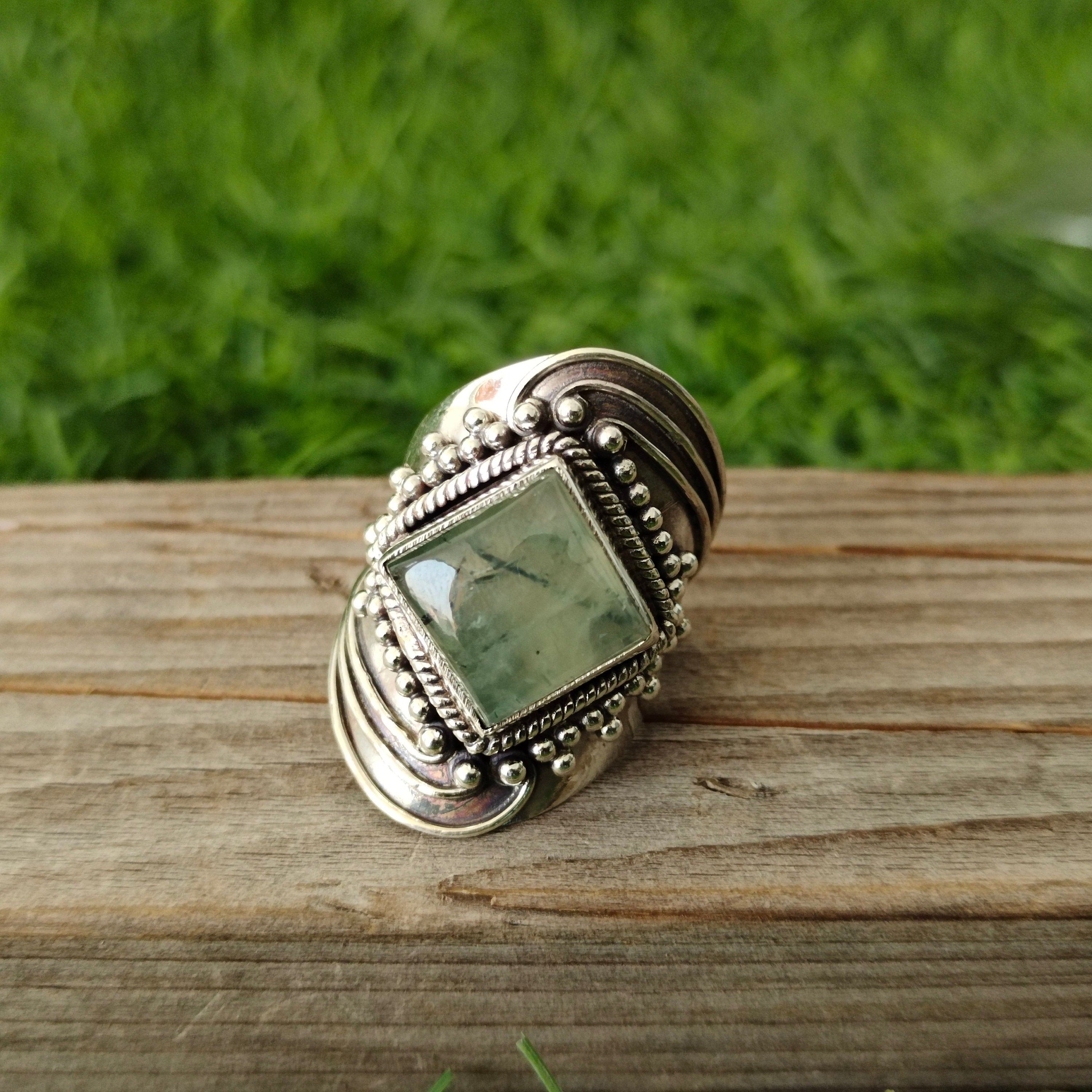 Prehnite Natural Gemstone Ring -925 Sterling Silver Ring - Hand Crafted Bohemian Ring- Prehnite Ring- Rings - Gifts for her -statement ring