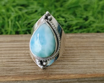 Larimar Natural Gemstone Ring -925 Sterling Silver Ring - Hand Crafted Bohemian Ring- Blue  Larimar  Ring- Rings - Gifts for her -Gifts