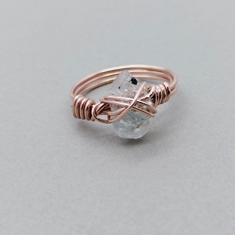 Aquamarine stone sterling silver rose gold plated ring wired ring Raw Gemstone Ring Hand Crafted Bohemian Ring summer gift image 5