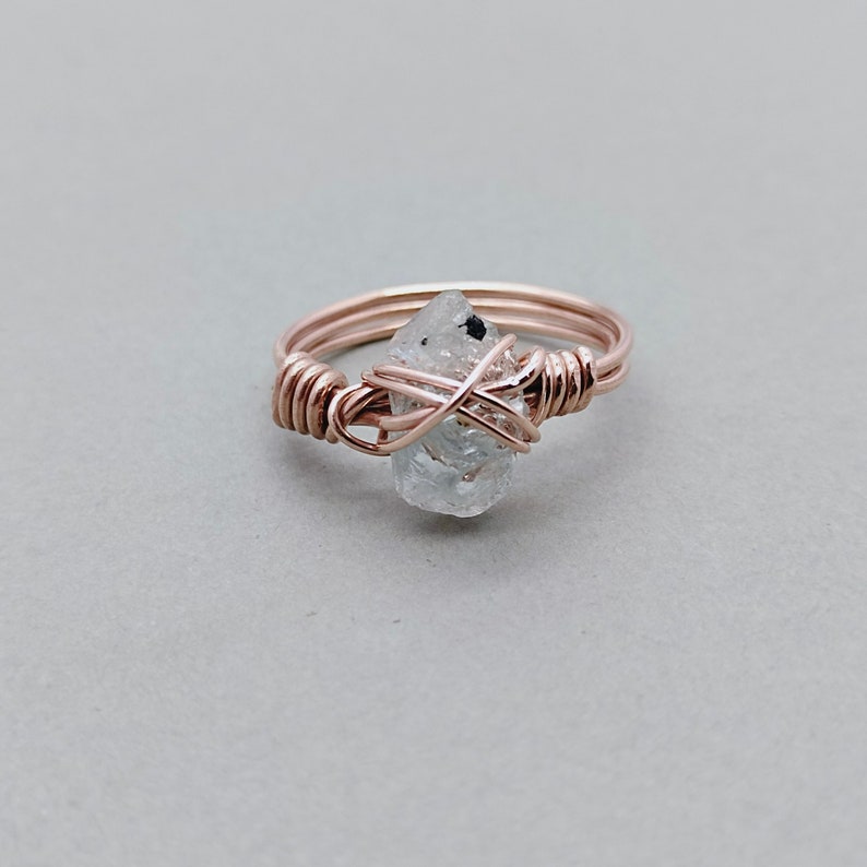 Aquamarine stone sterling silver rose gold plated ring wired ring Raw Gemstone Ring Hand Crafted Bohemian Ring summer gift image 1