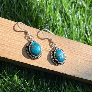 Turquoise 925 Sterling Silver Earrings,  Handmade, Oval Shape, Boho Earrings, 925 Silver, Handcrafted, Gift for women