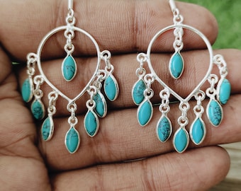 Big Size hoop earrings - Turquoise Big dangle earrings - Turquoise earrings - Big Round Silver Earrings - Party wear Earrings - gift for her