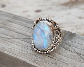 Moonstone Boho Ring - Rainbow Moonstone Sterling Silver Ring statement ring -free shipping ring minimalist handmade jewelry gift bestseller