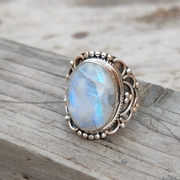 Moonstone Boho Ring - Rainbow Moonstone Sterling Silver Ring statement ring -free shipping ring minimalist handmade jewelry gift bestseller