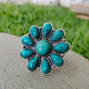 flower shape Turquoise Gemstone Boho 925 Sterling Silver Ring- manmade Turquoise Ring - Bohemian Ring - Turquoise ring- Rings - Gift for