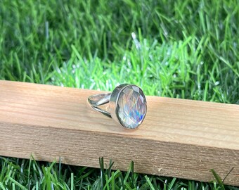 Aurora Borealis Crystal Ring: Oval Gemstone, 925 Sterling Silver