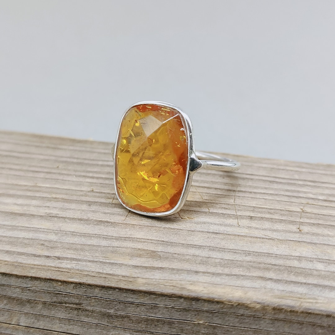 Amber Glass Stone Silver Ring 925 Sterling Silver Ring Etsy Australia