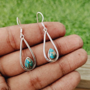 Copper Turquoise Sterling Silver Handmade Earring |Copper Turquoise Stone | Daily Wearable Earrings in Pear Shape | Bezel Earrings Gifts