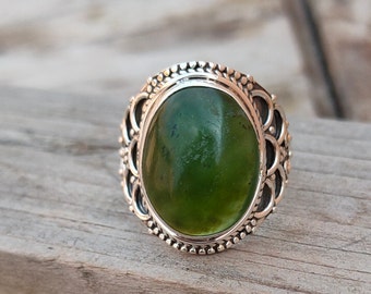 Green Jade Sterling Silver Ring - Handcrafted Boho Statement Ring