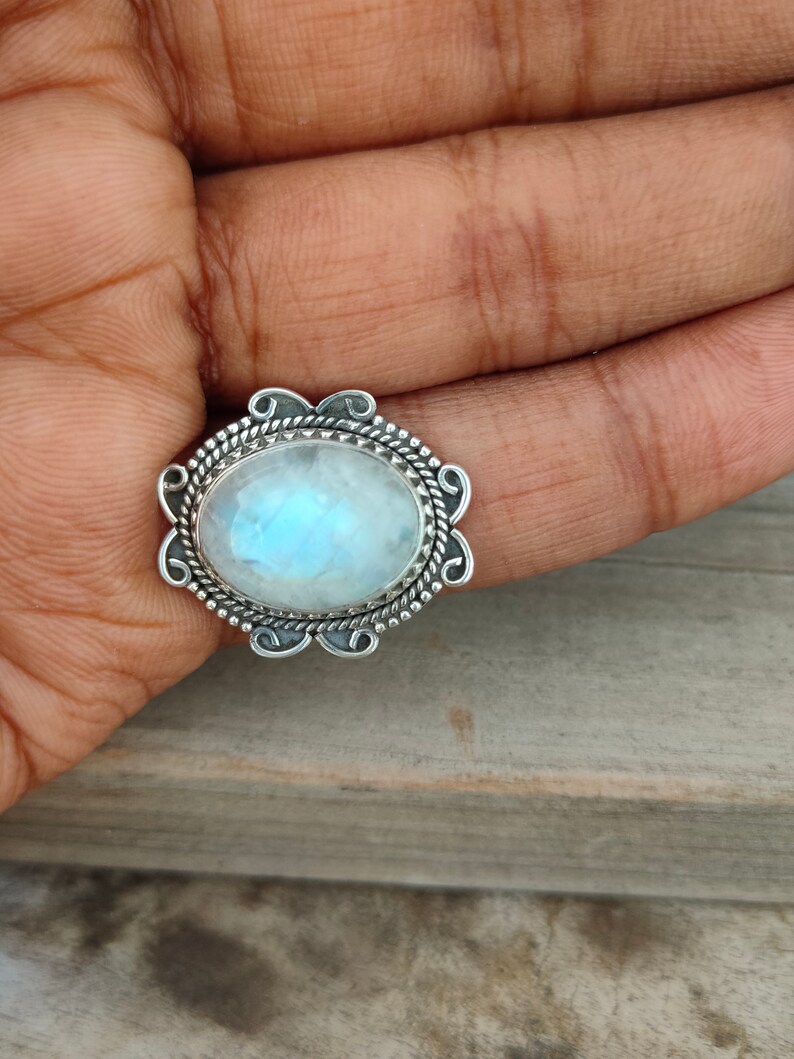 Rings -Gift for her Rainbow Moonstone Boho Ring Rainbow Moonstone Sterling Silver Ring Hand Crafted Bohemian Ring-Bohemian Ring