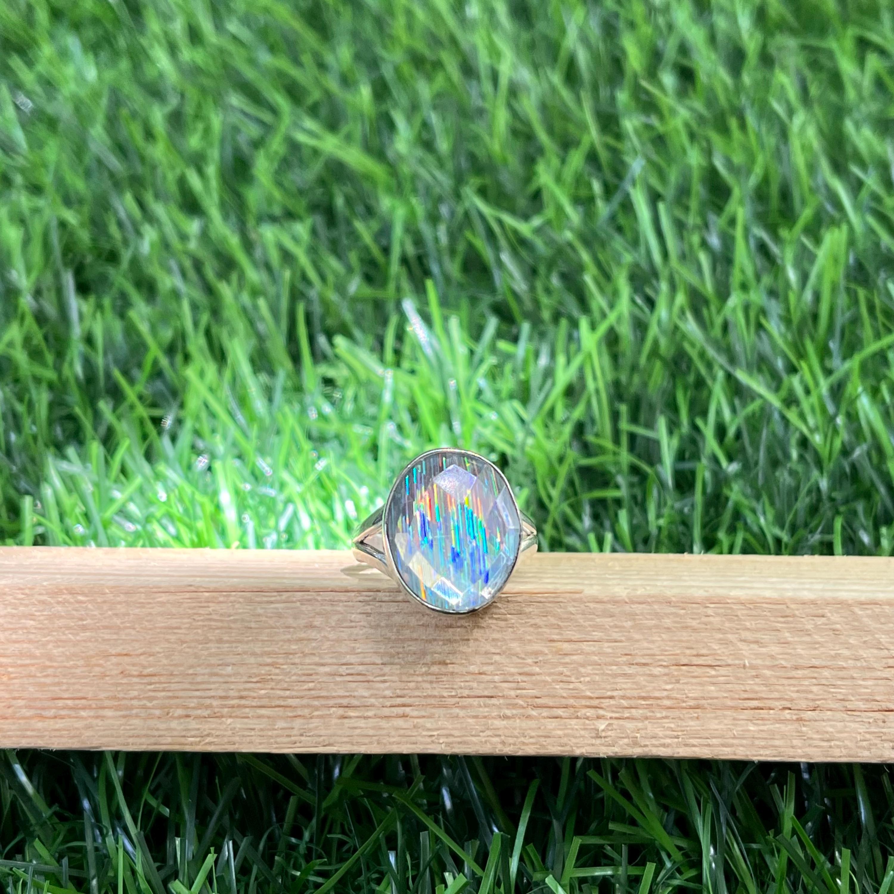 Aurora Borealis Crystal Ring: Oval Gemstone, 925 Sterling Silver