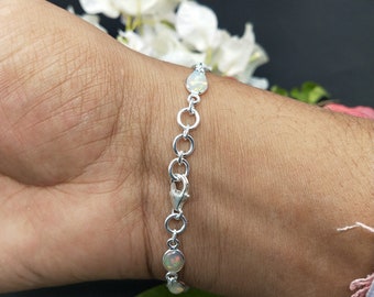 オパール宝石 925 スターリングシルバー ビーズブレスレット - 8インチ