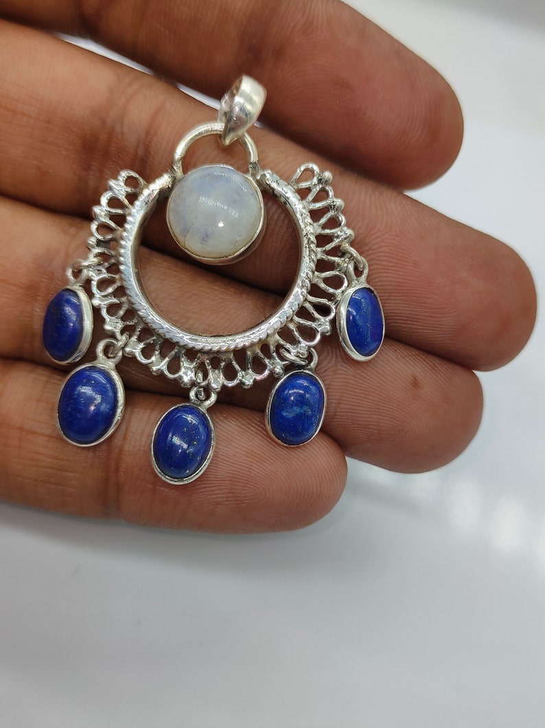 Rainbow Moonstone Pendant with lapis Stone bells Gorgeous Handmade Rainbow Moonstone Pendant Boho Pendant Gift for Her