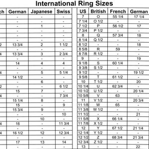Puede incluir: Un gr&aacute;fico que muestra las tallas de anillo internacionales en los sistemas de tallas de EE. UU., Reino Unido, Francia, Alemania, Jap&oacute;n y Suiza. El gr&aacute;fico enumera las tallas de anillo de 1/2 a 13, con las tallas correspondientes en cada sistema.