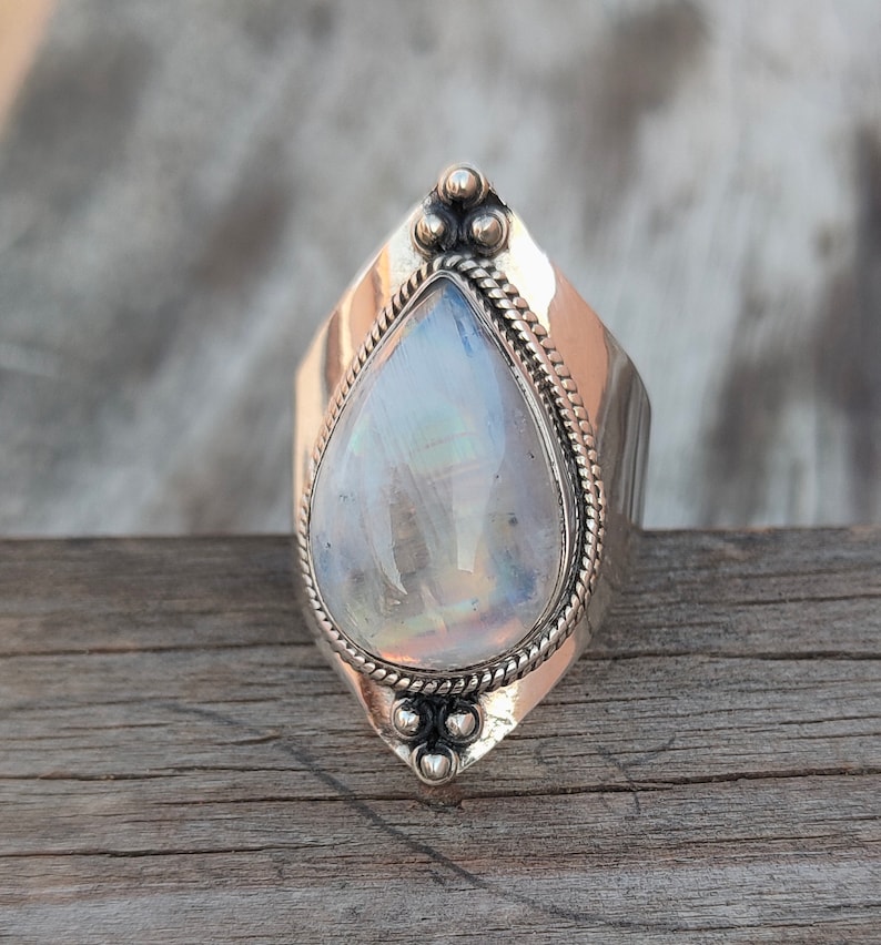 Boho Statement Ring Rainbow Moonstone Sterling Silver Ring Etsy