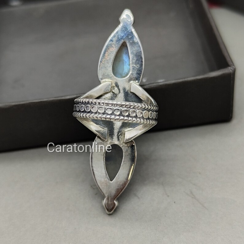 Koral Jewelry Moonstone 3-Stone Ring – 925 Sterling Silver Bohemian Vintage Tribal Ring, Size 10