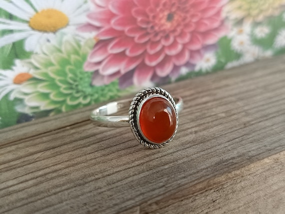 Bague Argent 925 Calcédoine Orange - Tour De Doigt Réglable 56 à 62 - Réf. B1431