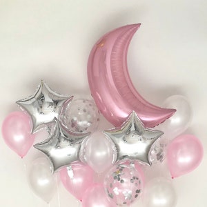 Sweet Moon 16 Piece Moon and Star Balloons Bouquet - Baby Shower, Birthday, Gender Reveal, Eid, Ramadan Party Decoration (Pink)