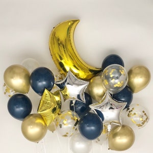 Sweet Moon 24 Piece Moon and Star Balloons Bouquet - Baby Shower, Bridal Shower. Eid, Hajj, and Ramadan Party Decoration (Navy Blue)