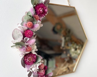 Miroir orné de fleurs séchées SALOME format moyen hexagonal - décoration murale