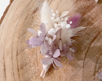 Boutonnière en fleurs séchées HORTENSIA PARME – accessoire mariage homme, marié, témoin, garçon d'honneur