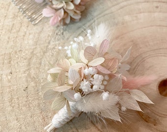 Boutonnière en fleurs séchées HORTENSIA ROSE – accessoire mariage homme, marié, témoin, garçon d'honneur