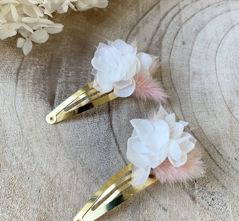 Barrette à cheveux clic-clac en fleurs séchées ROMY accessoire coiffure, cheveux, mariage pour adulte et enfant Blanc / rose