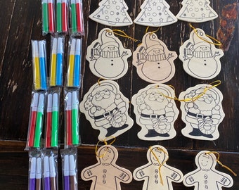 DIY wood Christmas Ornament Coloring kit-Ornament craft kit for kids with markers Tree snowman santa gingerbread man-makes 12-to paint