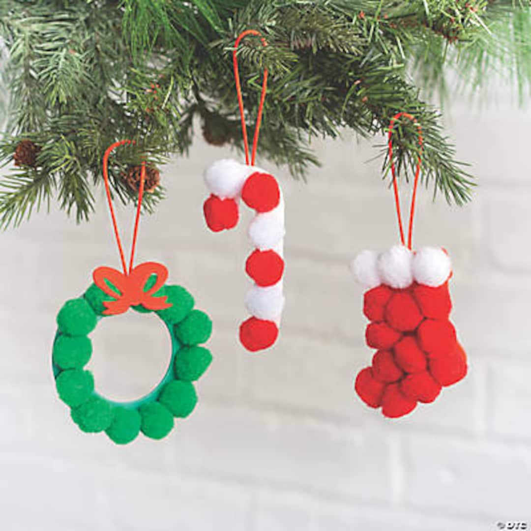 Pom-pom Christmas Ornament Craft Kit for Kids-wreath, Candy Cane