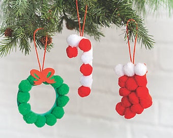 Pom-Pom Christmas Ornament Craft kit for kids-Wreath, Candy Cane, Stocking-Makes 12 Ornaments-Preschool activity