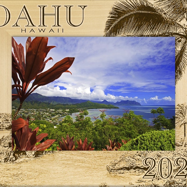 Personalized Oahu Hawaii Laser Engraved wood picture frame-Great Souvenir or Gift