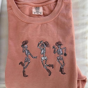 Cowboy Skeletons Embroidered Sweatshirt, Dancing Skellies, Halloween Sweatshirt, Spooky Sweatshirt