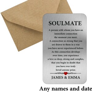 Personalised soulmate, valentines gift wedding, romantic, anniversary, birthday, gift, boyfriend, girlfriend, metal wallet card Portrait