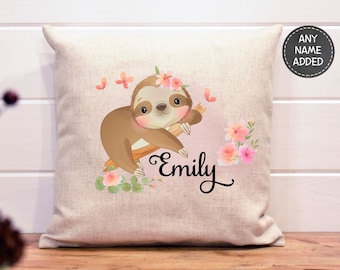Sloth gift, sloth cushion personalised girls name pink, gift for her, birthday gift granddaughter, daughter, friend, niece, auntie, Mum, Nan