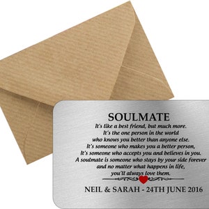 Personalised soulmate, valentines gift wedding, romantic, anniversary, birthday, gift, boyfriend, girlfriend, metal wallet card Landscape