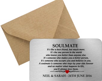 Personalised soulmate, wedding, romantic, anniversary, birthday, gift, boyfriend, girlfriend, metal wallet card, valentines wife husband
