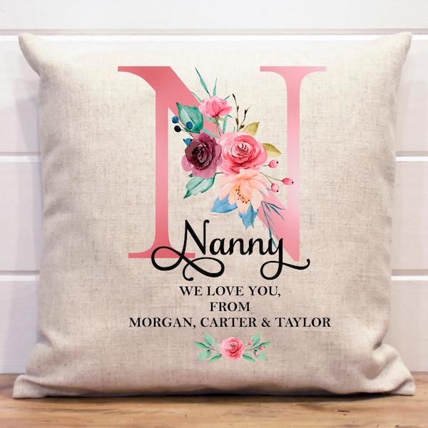 Mothers Day Gift Nanny Personalised Cushion Gift for Nanny Birthday Gift 50th 60th 70th 80th 90th Gran Nanny Nan Nanna Nana flowers Nan