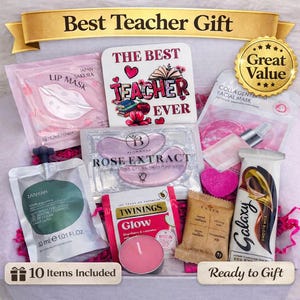 May include: A gift box labeled "Best Teacher Gift" containing beauty and self-care items. Includes a lip mask, eye masks, tea, a candle, a heart-shaped item, and other skincare products. The box also has a "Great Value" sticker.