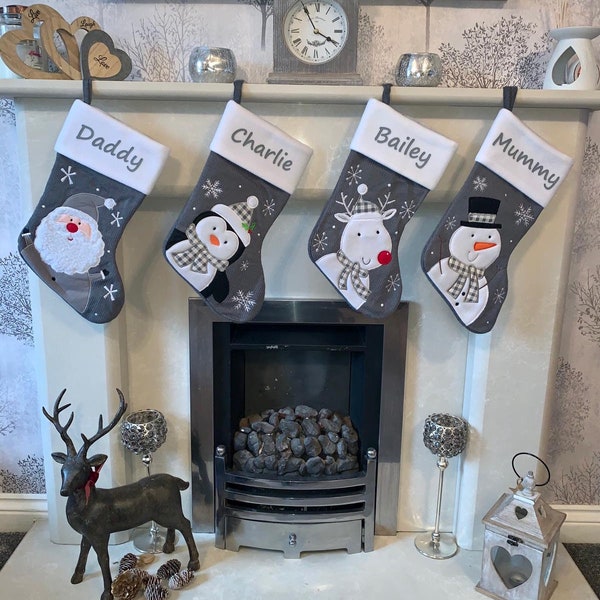 Luxury Personalised Christmas Stocking 45 x 20 cm Sack Sock Santa Reindeer Snowman Penguin Grey Father Christmas,  Christmas Decoration Gift