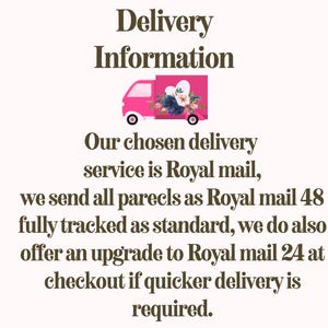 May include: Text on a cream background reads "Delivery Information." A pink truck graphic with floral accents is above the text. The text describes the delivery service and options.