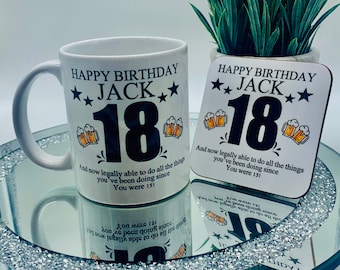 Personalised 18th Birthday mug gift coaster boy man male 18 years old funny