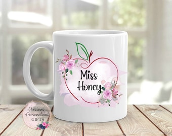 Personalized Teacher Mug: End of Term Gift, Floral Apple Design