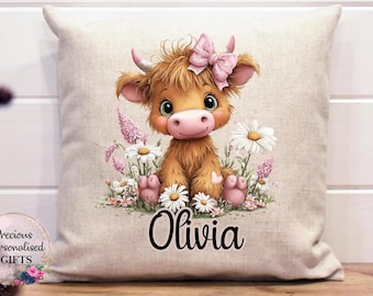 Highland Cow Cushion, Girls Personalised Cute Highland Cow Cushion, linen style gift for her