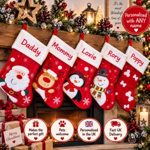 May include: Five red Christmas stockings with white cuffs, each featuring embroidered names: Daddy, Mommy, Loxie, Rory, and Poppy. The stockings display festive appliqués including Santa Claus, a reindeer, a penguin, a snowman, and white bones.