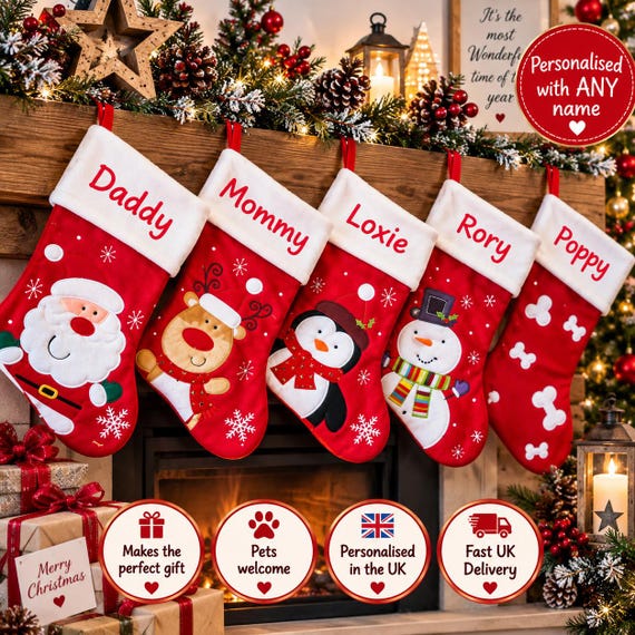 Personalized Stocking with Name, Red Christmas Stocking, Personalised Xmas Stocking for Kids, Family, Dog, Santa Reindeer Snowman
