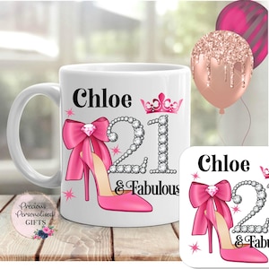 Ladies Personalised 21st Birthday Mug, 21 and fabulous, 21st birthday gift girl, Daughter, Granddaughter, Sister, Niece, Friend, Bestie Mug & Coaster