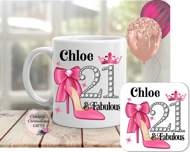 Ladies Personalised 21st Birthday Mug, 21 and fabulous, 21st birthday gift girl, Daughter, Granddaughter, Sister, Niece, Friend, Bestie Mug & Coaster