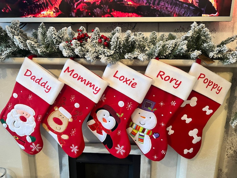 Pode incluir: Cinco meias de Natal vermelhas com punhos brancos, cada uma personalizada com nomes bordados: Daddy, Mommy, Loxie, Rory e Poppy. As meias apresentam personagens aplicados, incluindo o Pai Natal, uma rena, um pinguim e um boneco de neve.